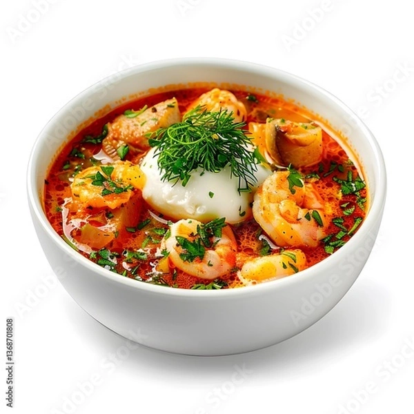 Obraz Bowl of shrimp soup with sour cream, dill, and herbs in red broth. Studio food photography. Seafood dish and traditional cooking concept. Design for poster, banner, print, greeting card. Front view

