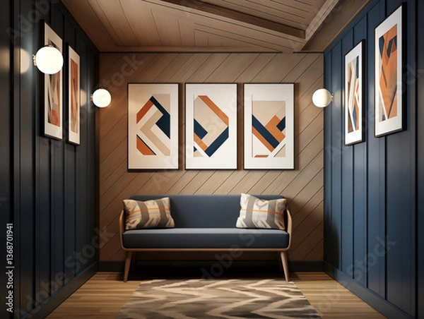 Fototapeta Modern hallway wall panelling in navy blue colors, simple minimalist furniture and artwork on the wall. Hall with wooden wall panels