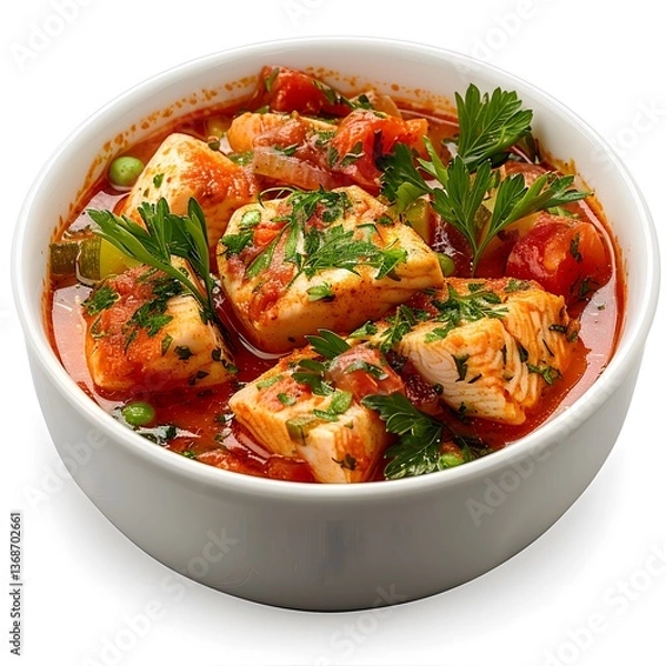 Obraz Bowl of fish stew with tomato sauce, herbs, green peas, and vegetables. Studio food photography. Traditional homemade meal and cooking concept. Design for poster, banner, print, greeting card.