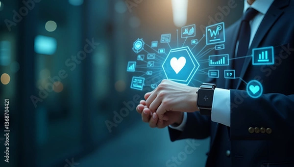 Fototapeta Person Using Smartwatch with Digital Health Interface: Symbolizing Health Tech Adoption