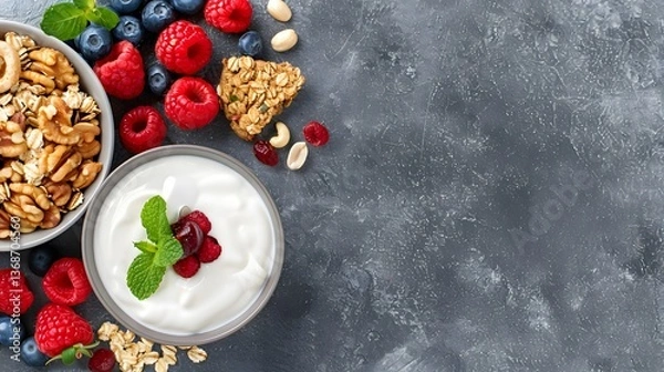 Obraz Bowl of yogurt with granola, raspberries, blueberries, walnuts, and muesli bar on grey stone background. Flat lay composition with copy space. Healthy breakfast and snack concept. Design for banner