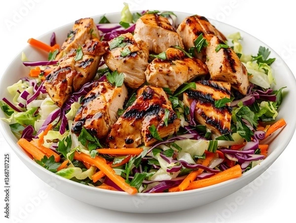 Obraz Grilled chicken salad with cabbage, carrots, red cabbage and fresh herbs served in white bowl isolated on white background. Studio food photography. Healthy eating and lunch concept. Design for poster