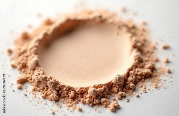 Fototapeta Beige face powder. Close-up view of cosmetic product with matte texture on white background. Powder pile, powder texture with soft focus. Beauty, fashion, make-up concept.