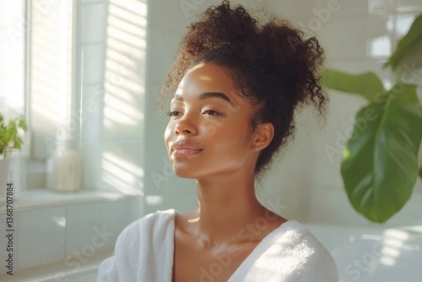 Fototapeta Young Black lady applying hand cream while sitting on bathtub in light bathroom interior, woman enjoy making beauty treatments