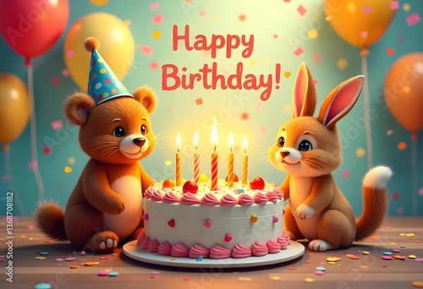 Obraz happy birthday card with bunny