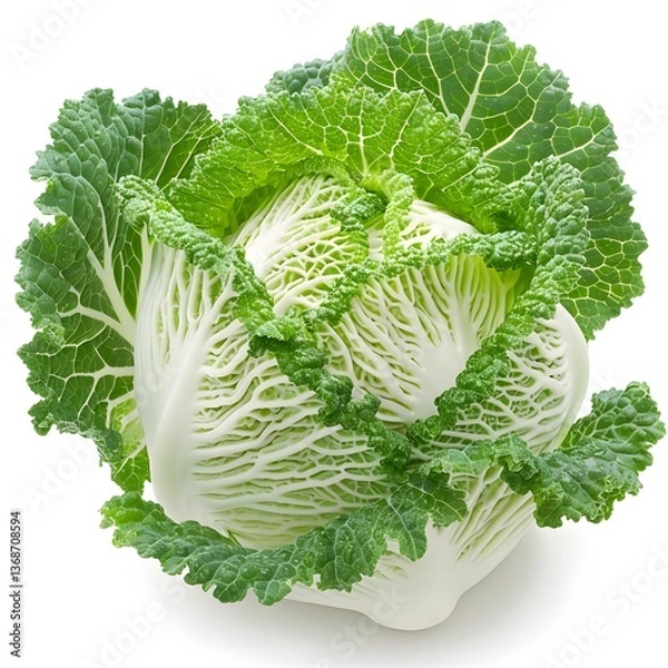 Obraz Whole head of savoy cabbage with textured green leaves isolated on white background. Studio food photography. Organic vegetable and healthy eating concept. Design for poster, banner, print, wallpaper.