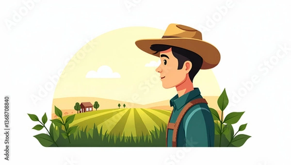 Obraz 3d Flat icon as Farmer double exposure with farmland concept as A farmers profile combined with farmland symbolizing agricultural responsibility and sustainability. Ideal for agricultural and environm