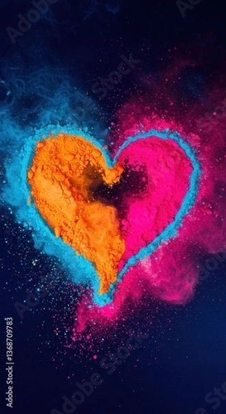 Fototapeta Vibrant Heart of Colors: A captivating explosion of orange, pink, and blue pigments forming a heart shape against a dark background. A stunning display of color and emotion.