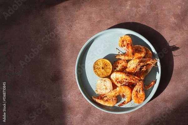 Obraz Marinated shrimp in a spicy grill with lime and garlic. Delicious fresh seafood, Mediterranean cuisine.