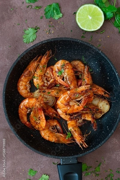 Obraz Marinated shrimp in a spicy grill with lime and garlic. Delicious fresh seafood, Mediterranean cuisine.