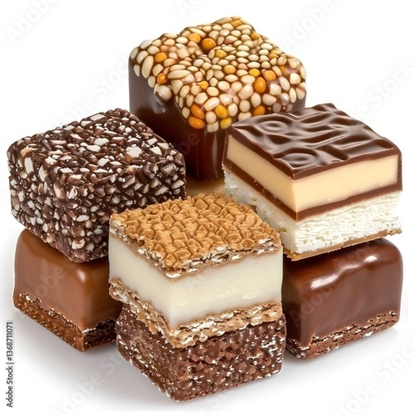 Obraz Assorted layered chocolate candies with crispy and creamy textures isolated on white background. Studio food photography. Confectionery and dessert snack concept. Design for poster, banner, print