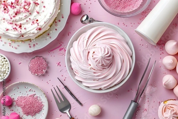 Obraz Bowl of pink whipped cream surrounded by decorating tools, cake, sprinkles and sweets on pink background. Flat lay food photography. Baking and dessert preparation concept. Design for poster, banner