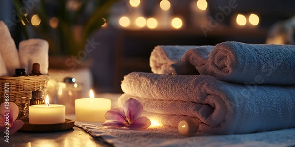 Fototapeta Spa towels and candles in cozy wellness setting, soft folded towels with flickering candlelight for relaxation ambiance
