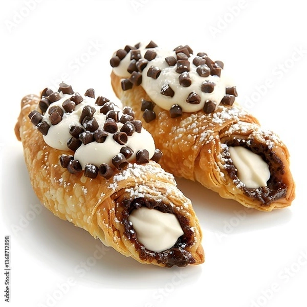 Obraz Two Italian cannoli filled with ricotta cream and topped with chocolate chips isolated on white background. Studio food photography. Dessert and pastry concept. Design for poster, banner, print