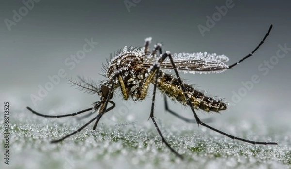 Fototapeta Close-up mosquito with water droplets on its body, showcasing nature's detail in outdoor environment.