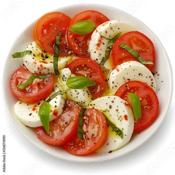 Obraz Caprese salad with fresh tomato slices, mozzarella cheese, basil leaves and seasoning on white plate. Studio food photography. Italian cuisine and healthy eating concept. Design for poster, banner