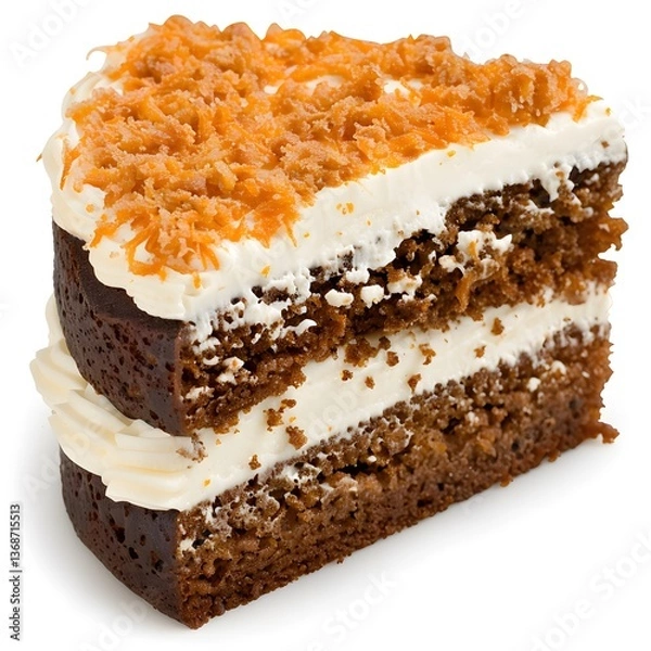 Obraz Slice of carrot cake with cream cheese frosting and grated carrot topping isolated on white background. Studio food photography. Dessert and bakery concept. Design for poster, banner, print