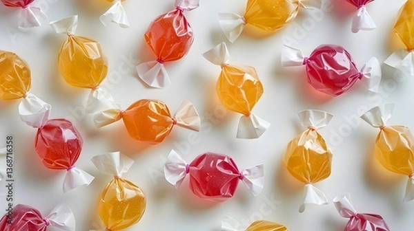 Obraz Assorted wrapped hard candies in red and orange colors arranged on white background. Flat lay composition. Sweet food and confectionery concept. Design for banner, poster, print, greeting card