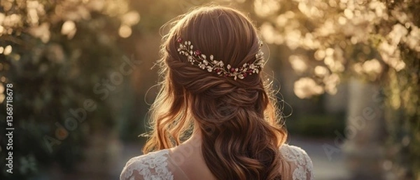 Fototapeta Deep Auburn Cascading Bridal Waves with Ruby Floral Headpiece, Wedding Courtyard. Copy space. Generative AI