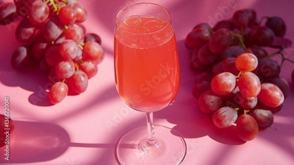 Fototapeta Anonymous person taking glass of tasty juice in glass placed on pink background with ripe grapes