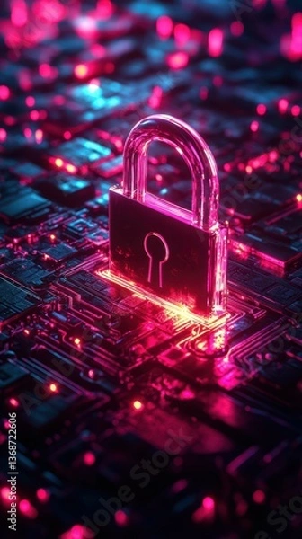 Obraz Digital lock symbolizing cyber security in a vibrant technological environment with glowing circuit patterns