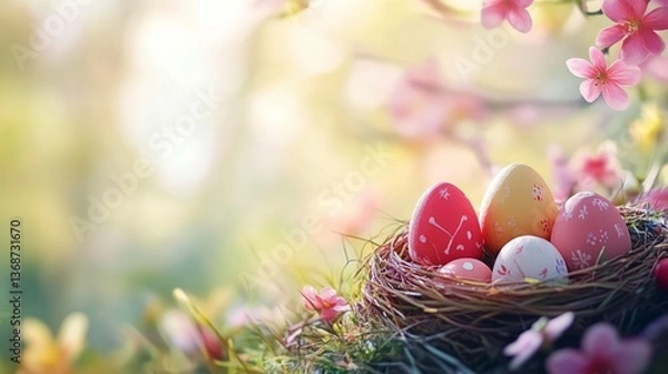Fototapeta A Delicate Spring Egg Surrounded by a Beautiful Floral Arrangement That Evokes a Sense of Tranquility and Elegance