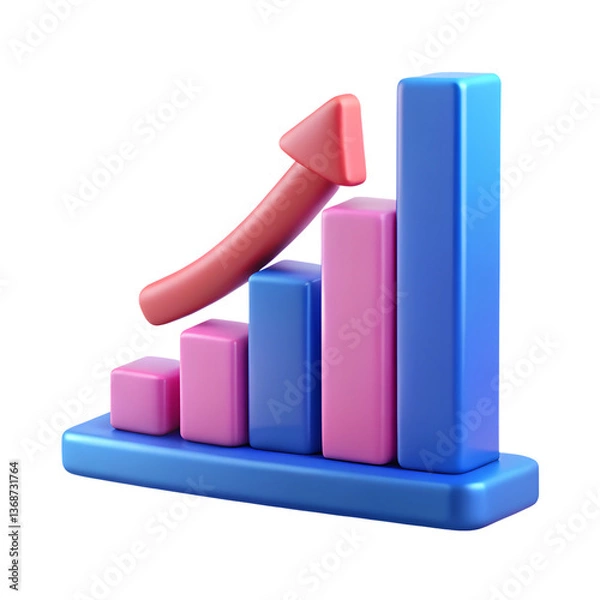 Fototapeta Blue 3D bar graph with ascending columns, upward arrow, business growth, financial increase, data visualization, Transparent Background