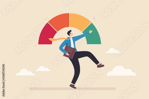 Fototapeta Performance evaluation, employee rating assessment, appraisal review or high potential employee, staff achievement, excellent job candidate concept, happy businessman on high performance gauge.