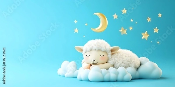 Obraz Eid ul Adha Cute sleeping sheep on cloud with moon and stars illustration for nursery decor and baby room art