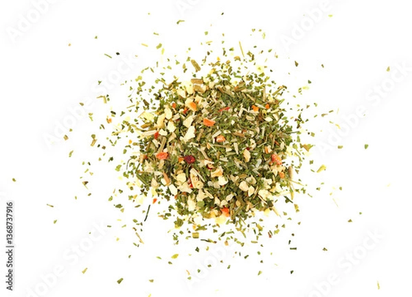 Fototapeta A mixture of spices of herbs and vegetables isolated on a white background close-up.