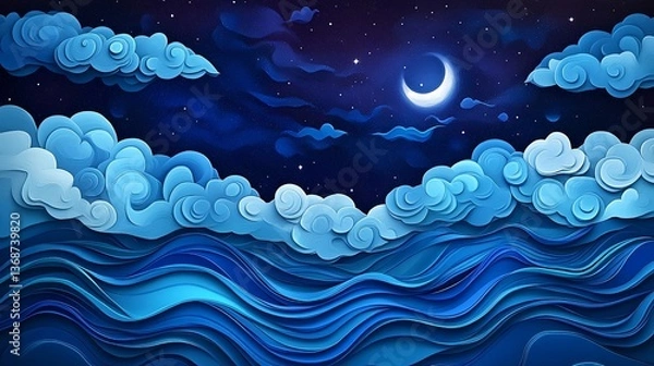 Fototapeta Night sky moon clouds ocean waves dreamy illustration wallpaper background art design vector image
