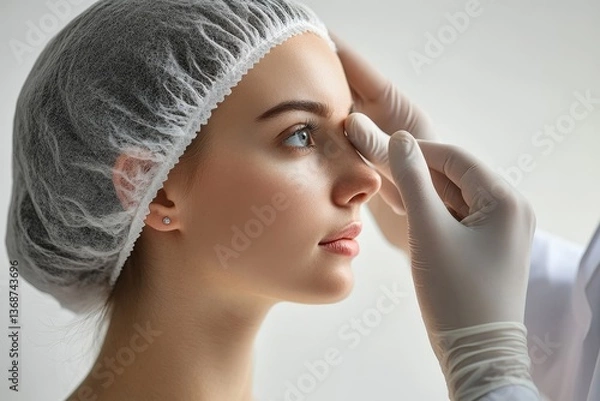 Obraz Plastic surgery and beauty concept. Profile shot of woman consulting before rhinoplasty operation, surgeon touching woman nose, white background, side