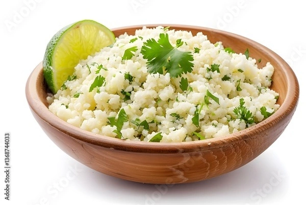 Obraz Cauliflower rice with lime and cilantro in wooden bowl isolated on white background. Studio food photography. Low-carb vegan side dish concept. Design for banner, poster, print. Closeup view

