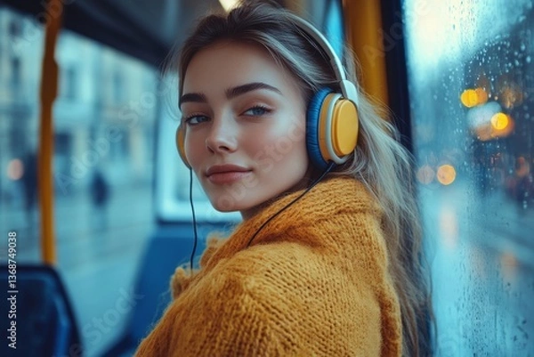 Fototapeta Lady standing by herself on bus and listening to music via headphones, enjoy road by public transportation