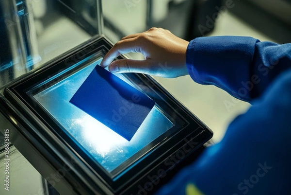 Obraz A TSA agent scans a passport under a bright inspection light as part of airport security procedures.
