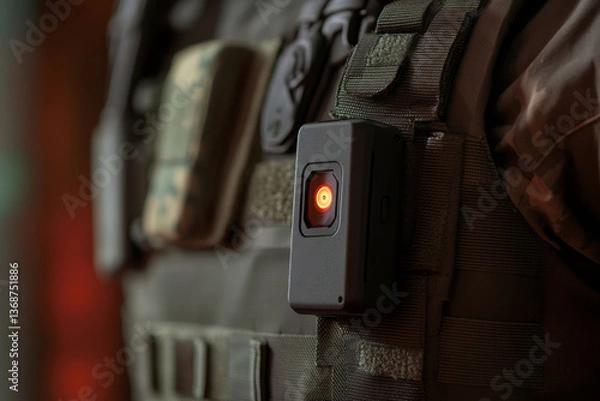 Obraz A compact body camera with a glowing red recording light is securely mounted on tactical gear.
