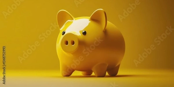 Fototapeta Bright yellow ceramic piggy bank sits against a solid color background, capturing the essence of savings and financial goals
