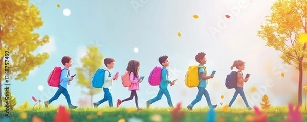 Obraz Children on their way to school. Group of little kids going to class. Six male and female students with colorful red, green, yellow, blue and pink backpacks walking along the park path. Banner