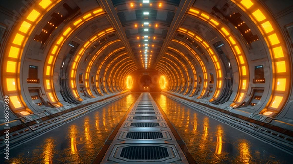 Fototapeta Orange Neon Tunnel Sci-Fi Corridor, Modern Architecture for Futuristic Design
