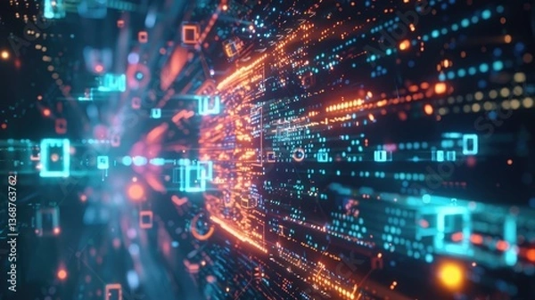 Obraz Abstract digital shape or line of technological cyber style particle design connect in surreal electric style shape designing. High tech scene express mysterious pattern perfect for wallpaper. AIG53.