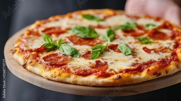 Fototapeta Handheld pizza with fresh toppings.  A wood-fired pizza, topped with melted mozzarella cheese, slices of flavorful pepperoni, and fresh basil leaves, presented on a wooden platter.