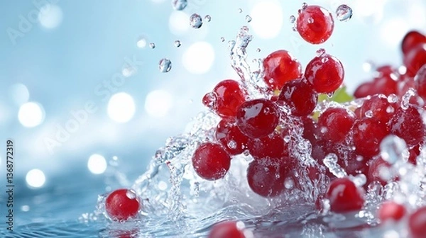 Obraz Red grapes with water splashes and bokeh lights in a cool environment