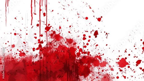 Fototapeta effect of dripping blood or red paint, with splatters and smudges of different shades of red. graphic and visual resource for a true crime, isolated on a transparent white background