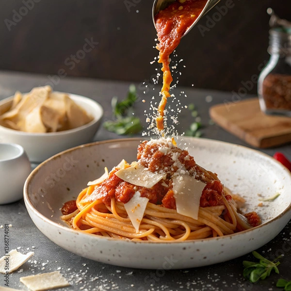 Fototapeta tomato, lunch, no people, photography, horizontal, color image, italian food, herb, italian, meat, vegetable, indoor, rustic, tradition, nourishment, copy space, dining, photo, preparation, italy, old