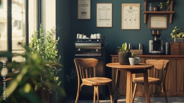 Fototapeta Cozy Coffee Shop Interior with Wooden Furniture and Modern Equipment