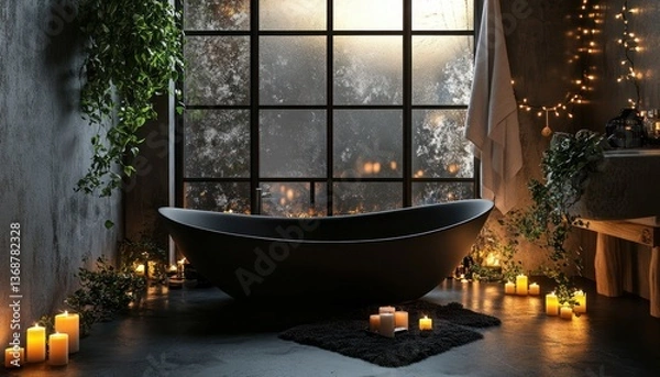 Fototapeta Modern interior of the bathroom in black and gray colors, with candles and plants