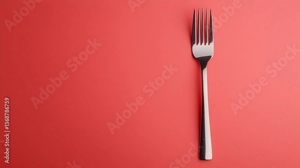 Fototapeta Silver fork on a vibrant coral background, top-down view, minimalist