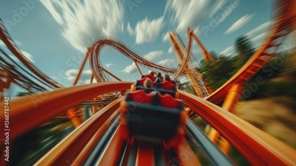 Fototapeta Thrilling roller coaster ride with high speed motion blur adventure