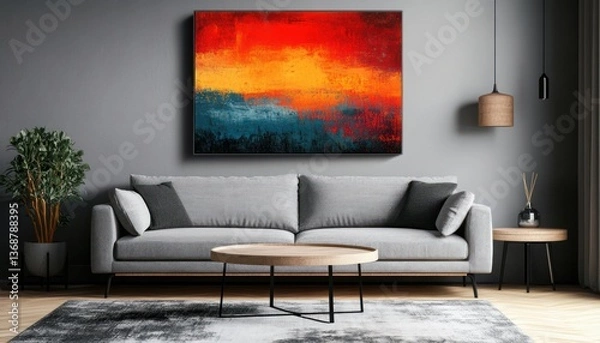 Fototapeta Sofa, coffee table, and painting on the wall in a Scandinavian living room interior with a gray sofa mock-up
