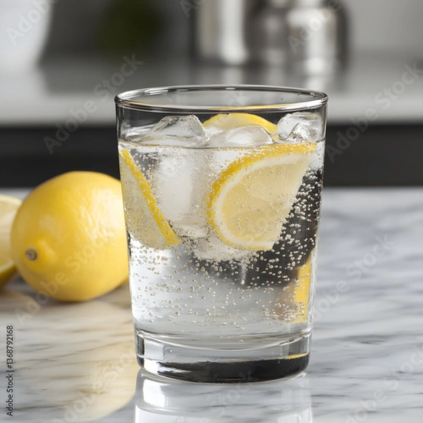 Fototapeta Refreshing glass of sparkling water with lemon slices and ice
